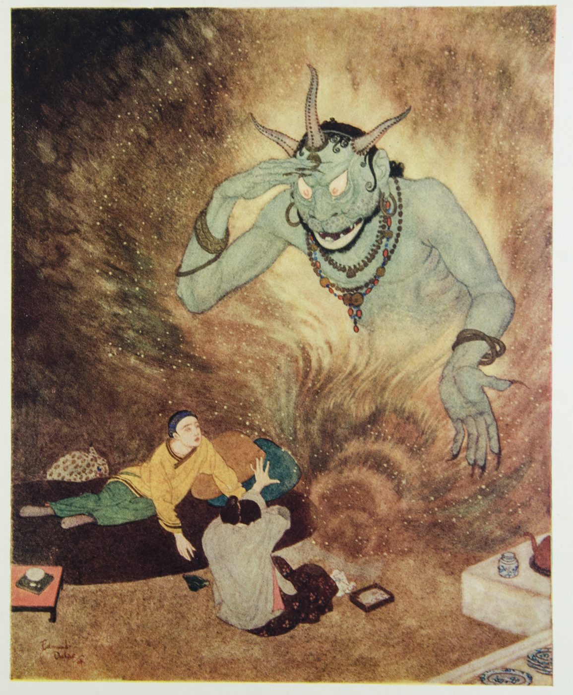 The jinni of the lamp. Illustration by Edmund Dulac.