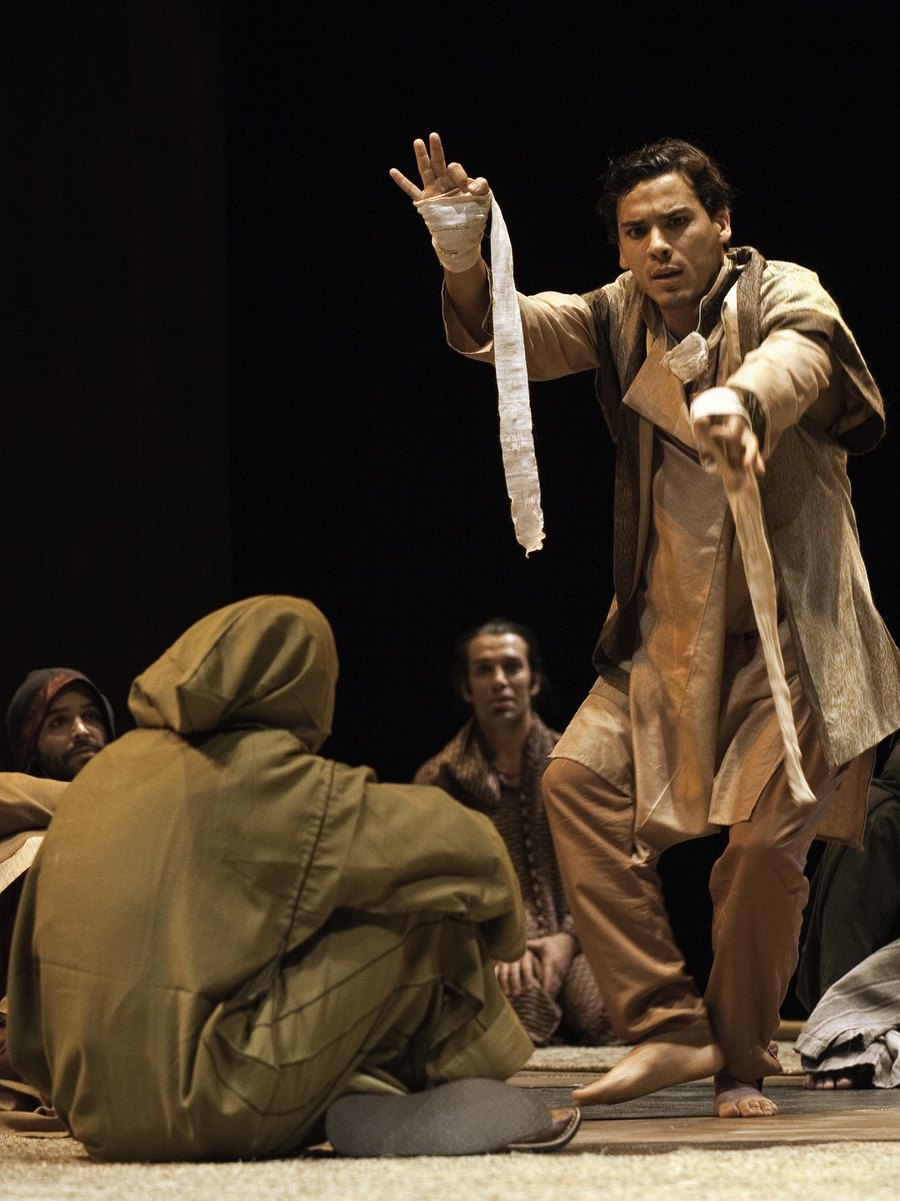 The storyteller Shahrazad in Tim Supple’s stage adaptation of the Thousand and One Nights, rehearsal in Fez, 2011. Actor: Adila Bendimerad. Photo: Sophie Austin.