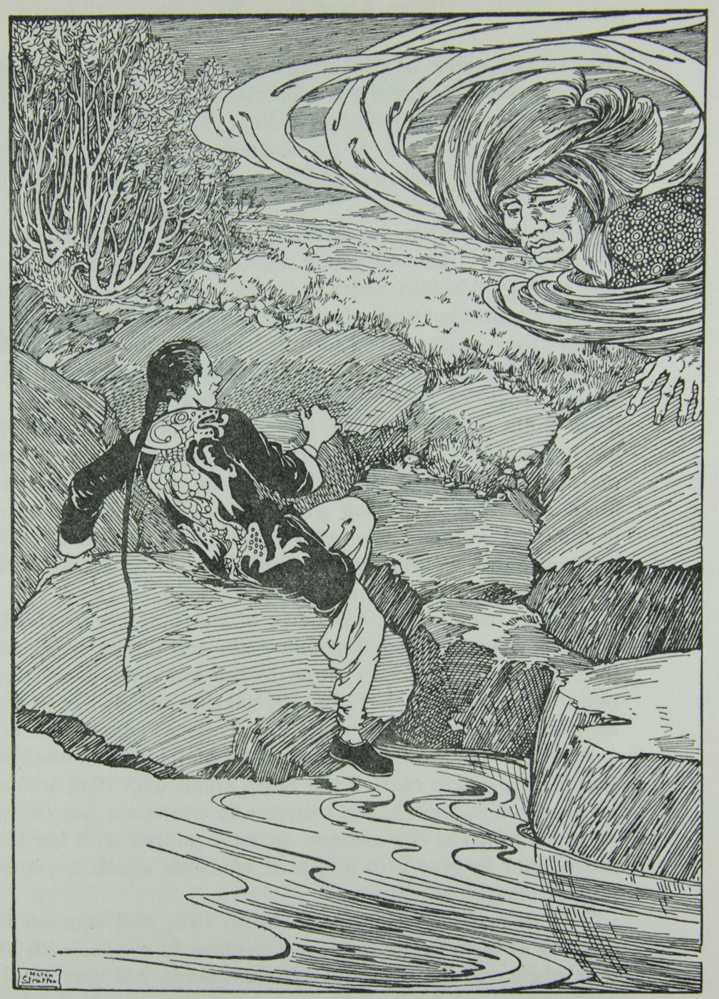 Aladdin and the slave of the ring. Illustration by René Bull. NYU Abu Dhabi Library.